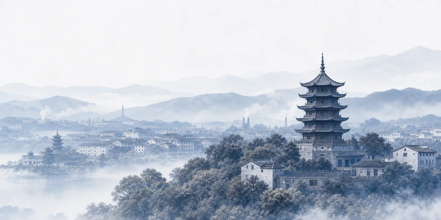 景德镇山水与古塔远景